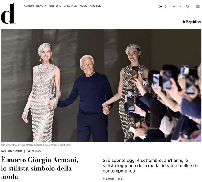 ！乔治·阿玛尼去世享年91岁不朽情缘网站“时尚之王”陨落(图2)